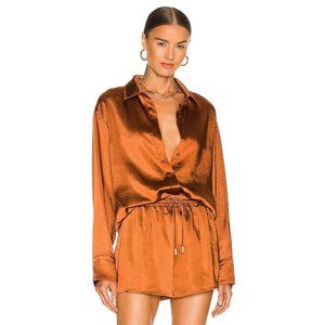 Camila Coelho Amber Top Brown Satin Long Sleeve Revolve S NWT $168